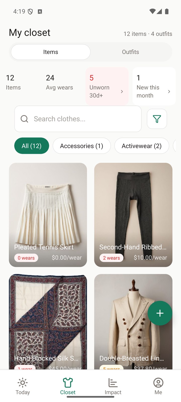 Closet tab showing clothing items with wear counts and the green add button