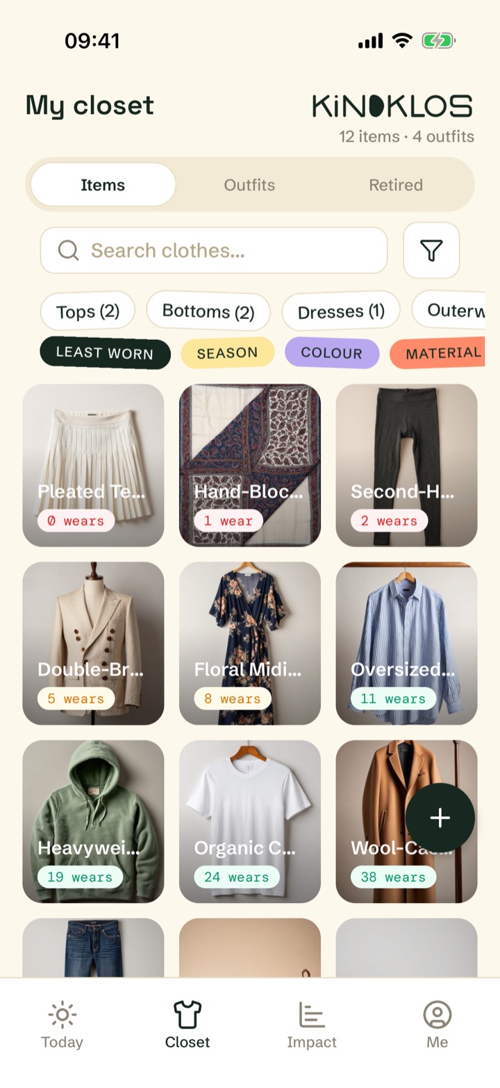 Closet screen with photos, wear counts and cost per wear