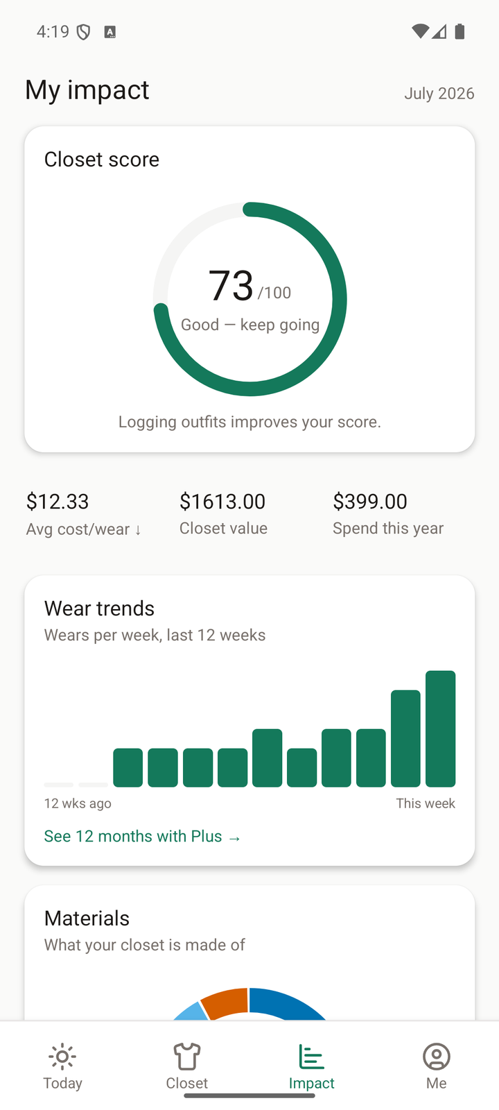 Impact tab with the closet score and category breakdowns
