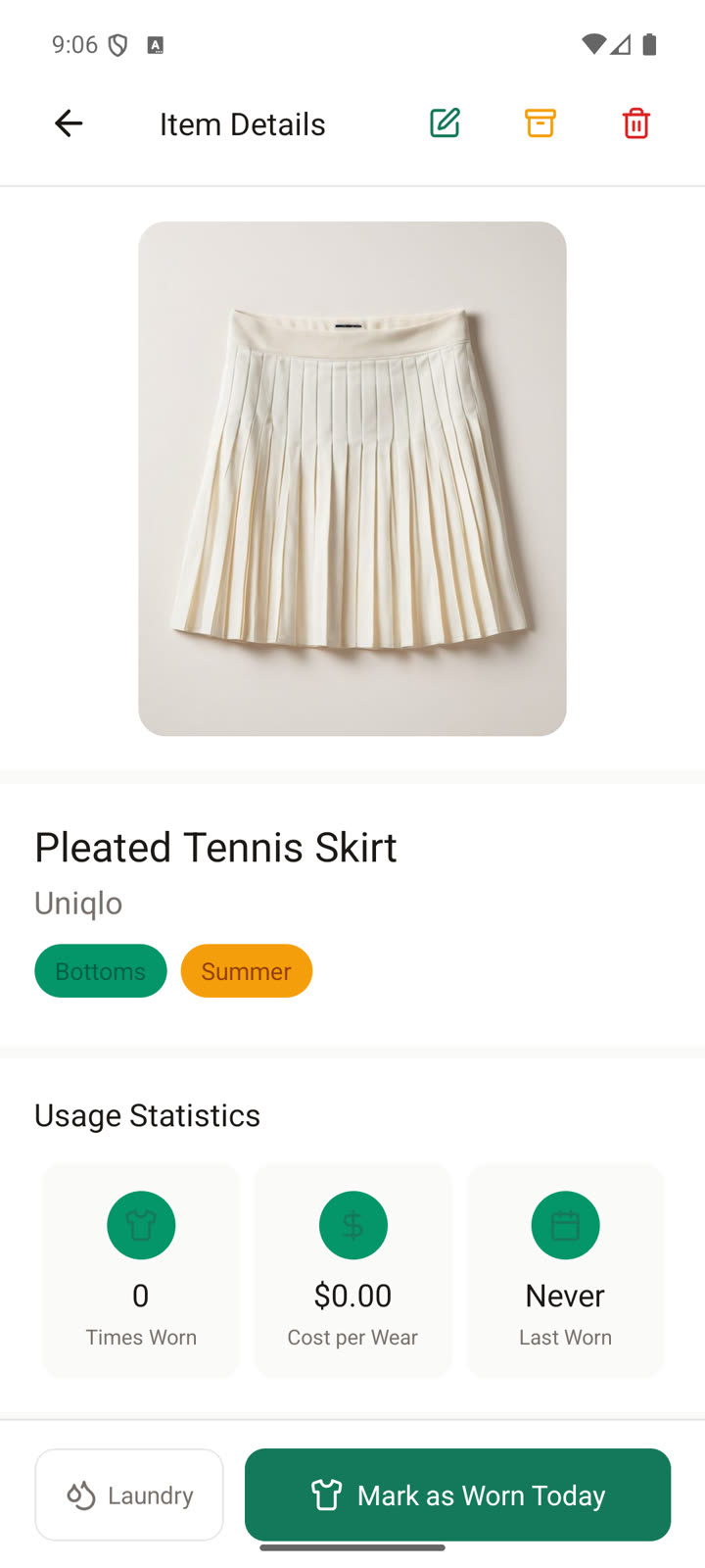 Item details screen with wear count, cost per wear, and Mark as Worn Today button