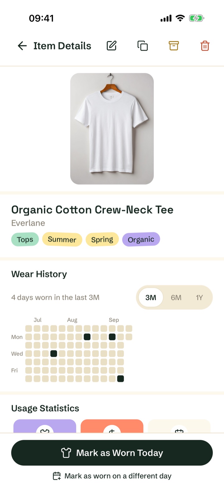 Item details screen with wear count, cost per wear, and Mark as Worn Today button