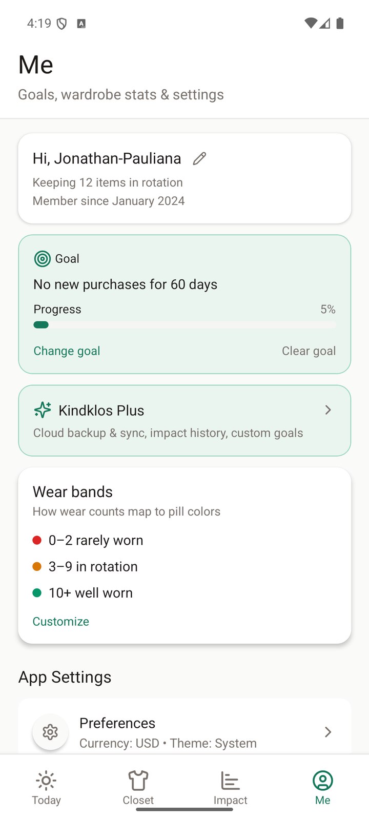 Me tab with goals, wear bands, and app settings
