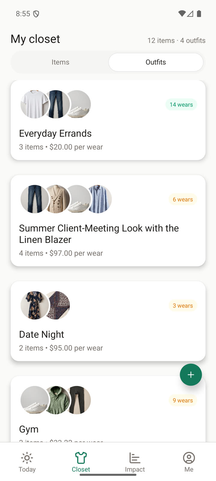 Outfits list with saved looks, wear counts, and cost per wear