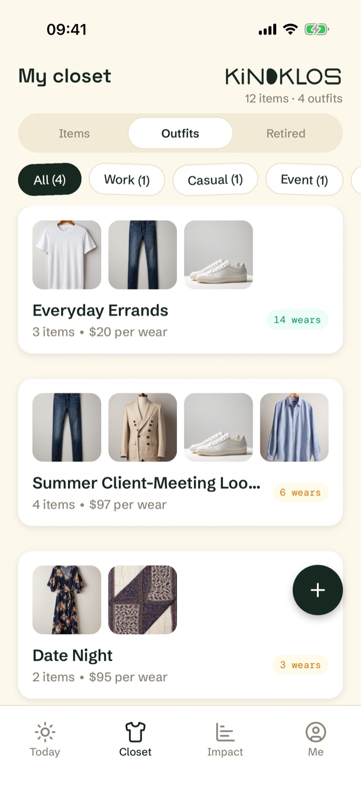 Outfits list with saved looks, wear counts, and cost per wear