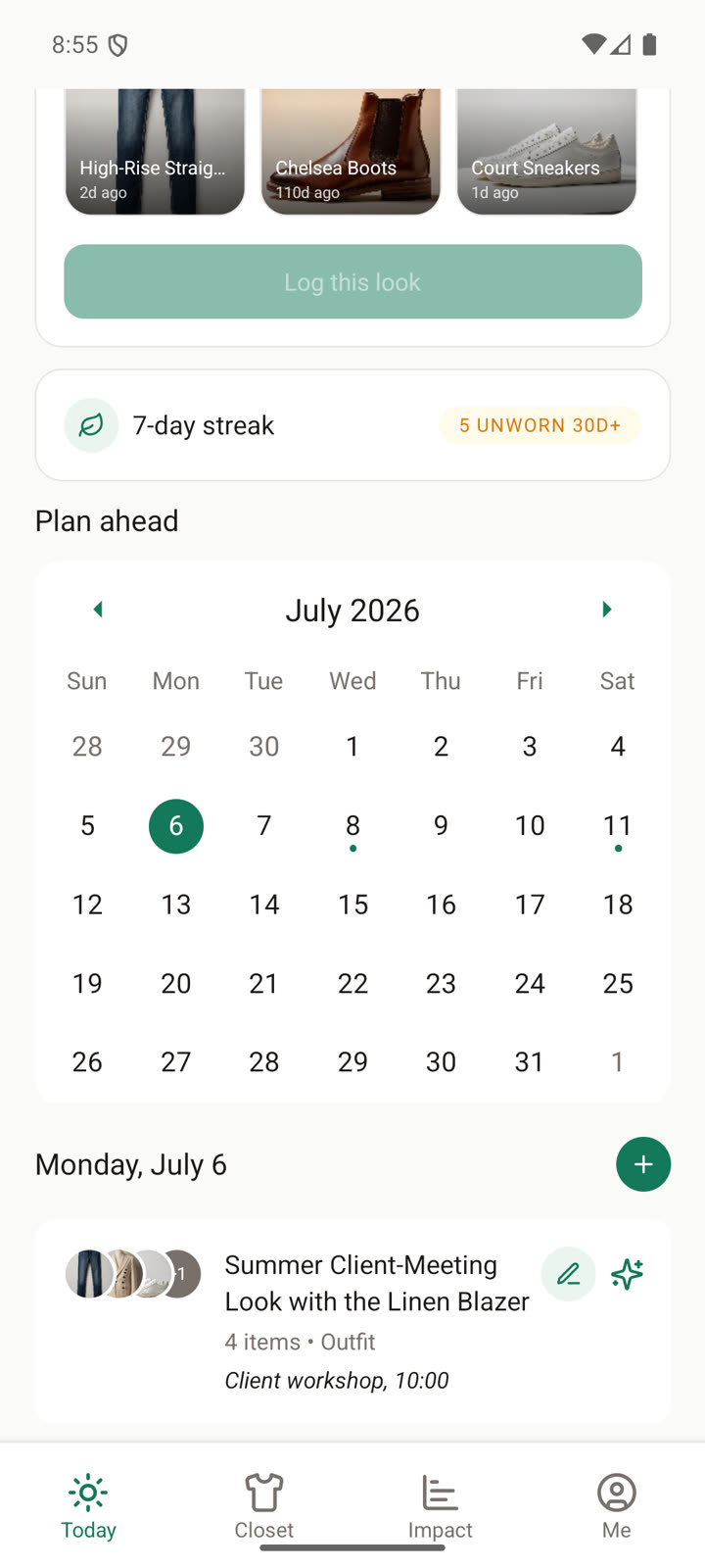 Plan ahead calendar with an outfit planned for an upcoming event