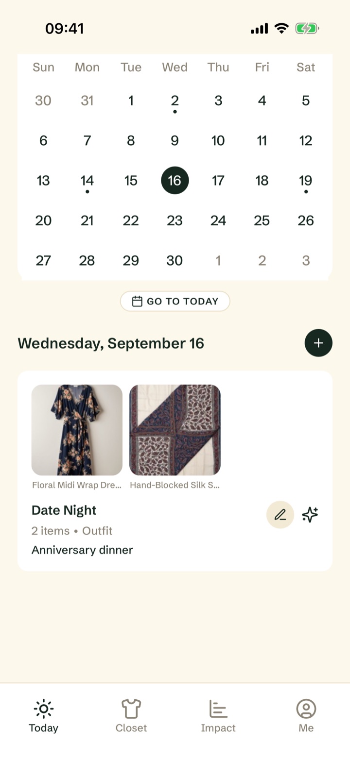 Today's calendar with a date night outfit planned for an upcoming anniversary dinner