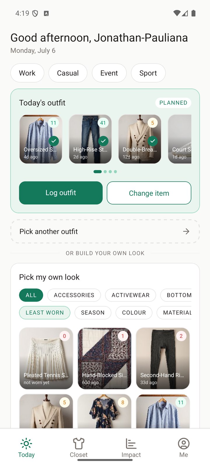 Today tab with a suggested outfit and the Log outfit button