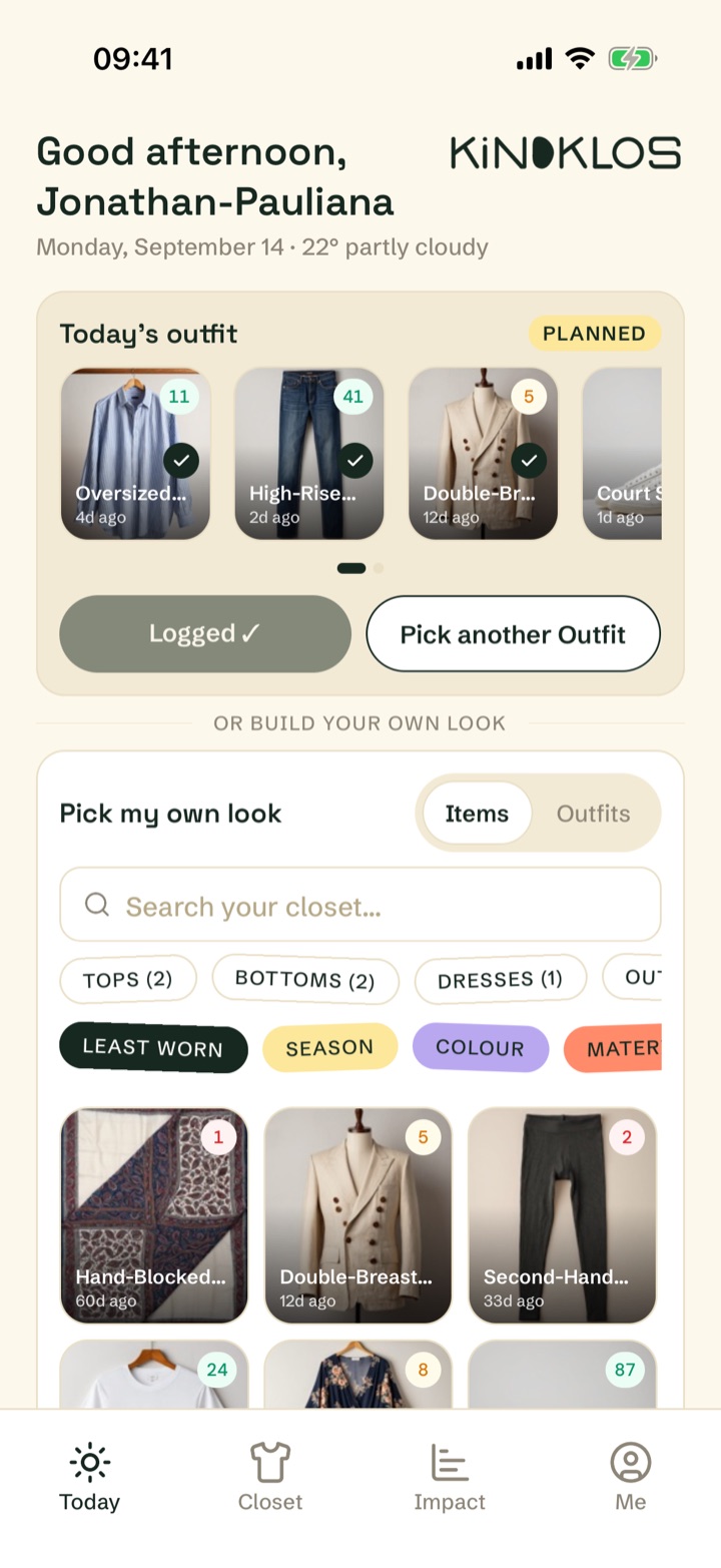 Kindklos Today screen suggesting an outfit from your own closet